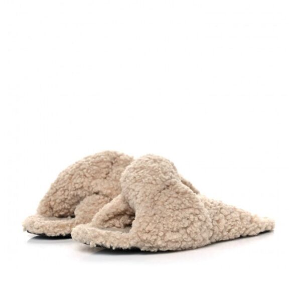 BALENCIAGA Drapy Puffy Shearling Slip-on House Shoes Slides Slippers Cream Fur - Picture 3 of 11